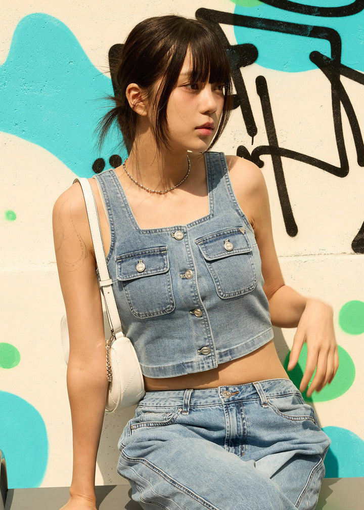 Women's M-Tone Pocket Vest (Medium Blue) Worn by NMIXX