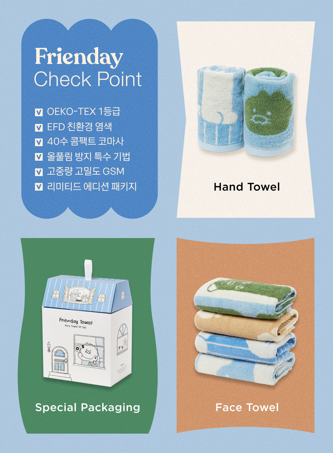[KAKAO FRIENDS] FRIEDAY Towel 4P Gift Set (Face Towels 2P + Hand Towels 2P, Chunsik)