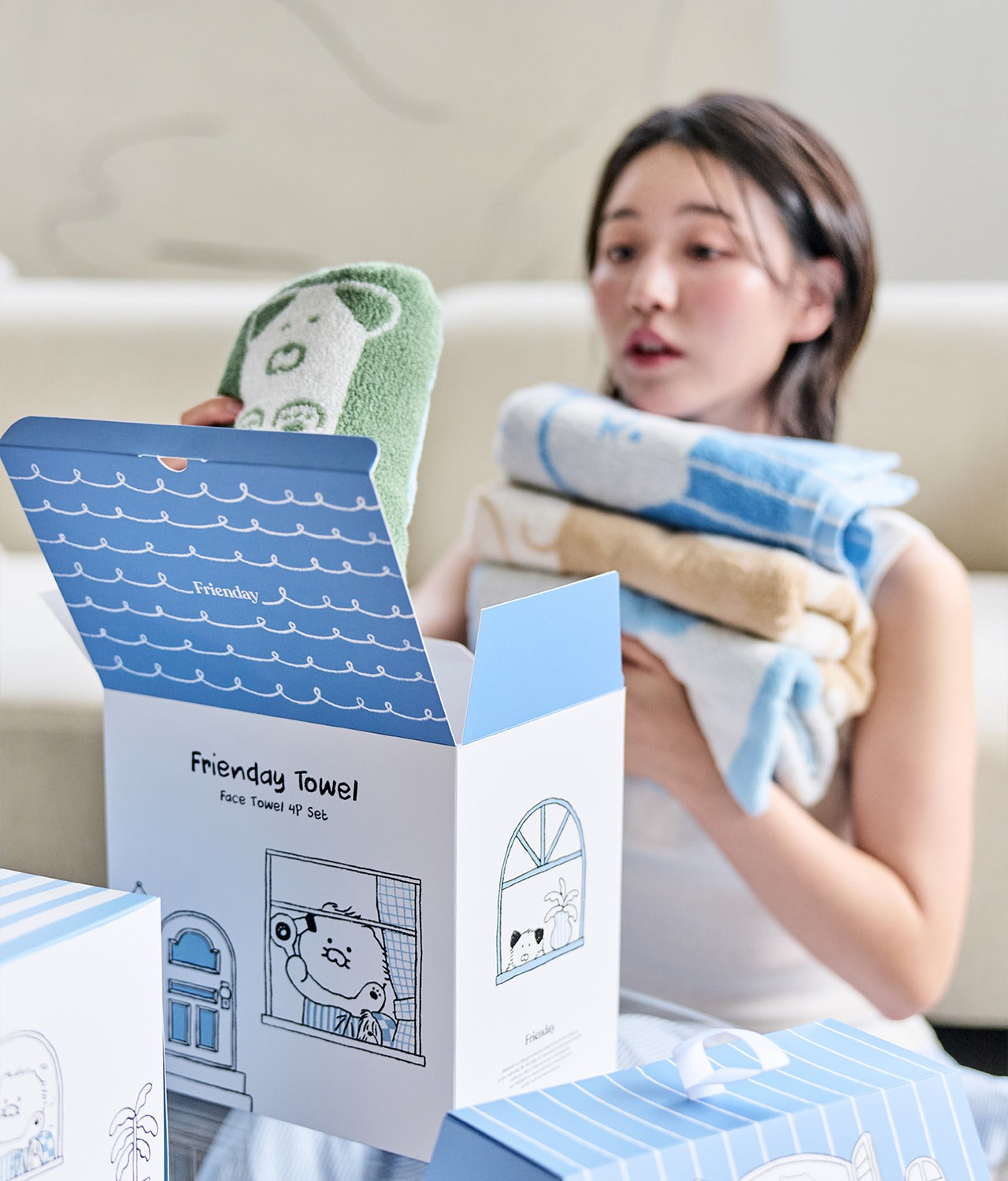 [KAKAO FRIENDS] FRIEDAY Towel 4P Gift Set (Face Towels 2P + Hand Towels 2P, Chunsik)