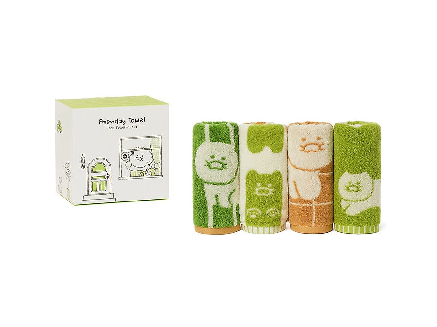 [KAKAO FRIENDS]FRIENDAY Face Towel Set 4 Pack Green Orange Chunshik