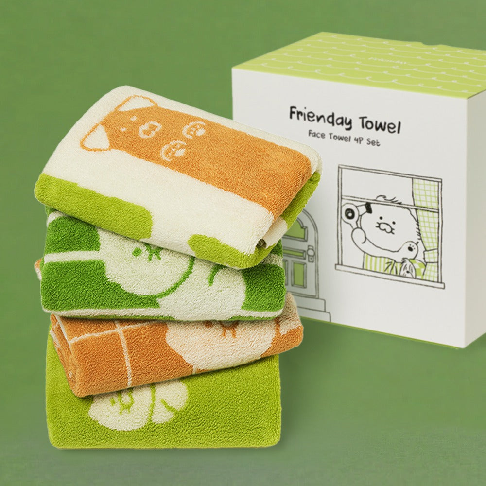 [KAKAO FRIENDS]FRIENDAY Face Towel Set 4 Pack Green Orange Chunshik