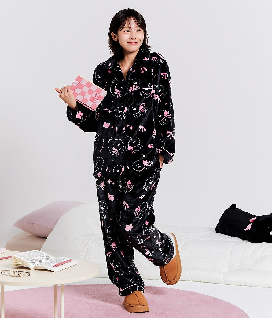 [KAKAO FRIENDS]Black Chunsik Womens Fleece Pajama Set